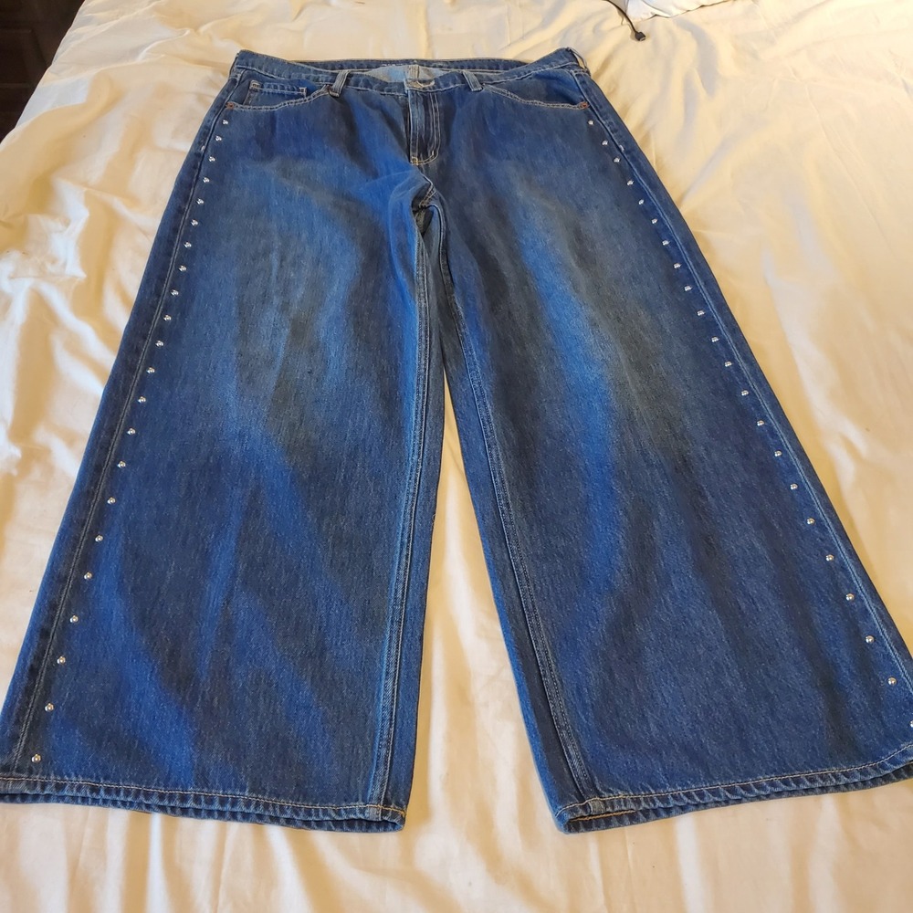 Old Navy Drapey Denim High-Rise Baggy Wide Leg Studded Jeans Blue 16 Petite